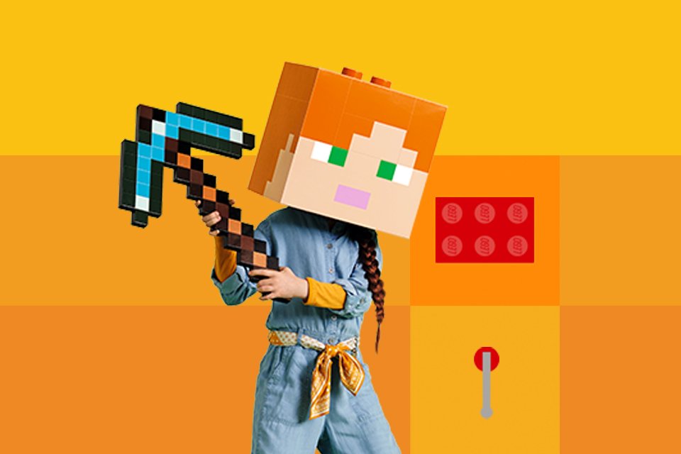 A child wearing a LEGO® minecraft helmet and holding a LEGO axe.